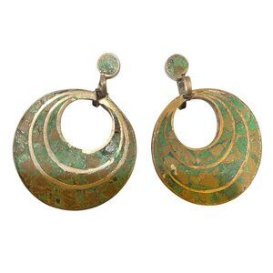 1.5" x 1.25" Vintage Taxco Sterling Silver Screw Back Earrings With Crushed Turq